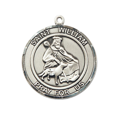 Men's Pewter Saint St. William of Rochester Round Medium Medal Pendant on 24 Inch Endless Rhodium Plated Heavy Curb Brass Chain, Catholic Religious Necklace - Made in USA- Deluxe Velvet Gift Box