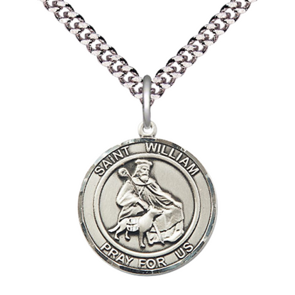Men's Pewter Saint St. William of Rochester Round Medium Medal Pendant on 24 Inch Endless Rhodium Plated Heavy Curb Brass Chain, Catholic Religious Necklace - Made in USA- Deluxe Velvet Gift Box