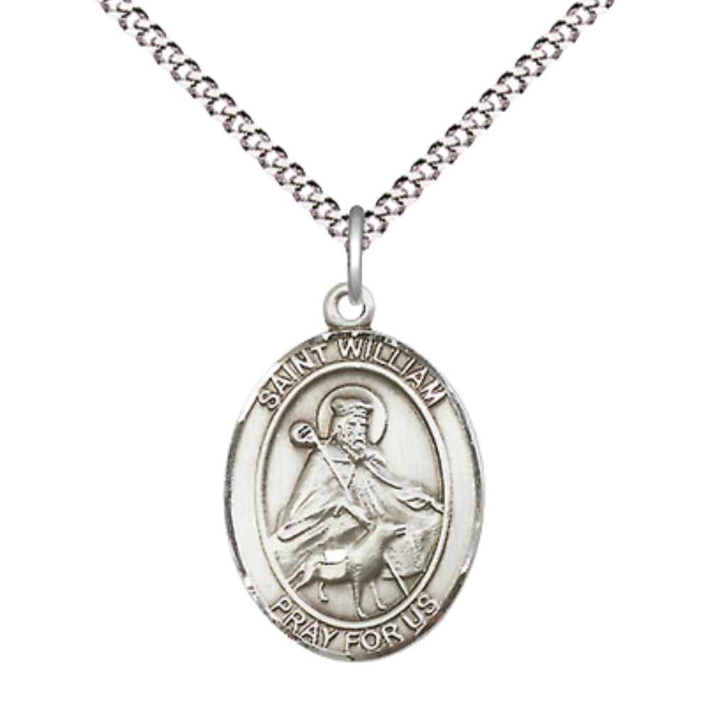 Everlasting Light Jewelry Medium Women's Pewter Saint St. William of Rochester Pendant Necklace on 18- inch Rhodium- Plated Lite Curb Brass Chain, Catholic Medal - Patron Saint. of Adopted Young– Velvet Gift Box Included