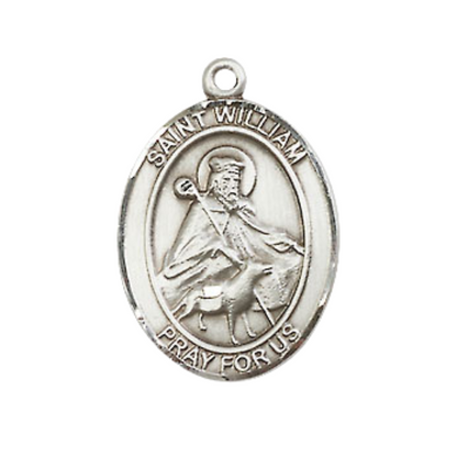 Mens Oval .925 Sterling Silver Saint St. William of Rochester Medal Pendant on 24 Inch Rhodium Plated Heavy Curb Brass Chain w/ Lobster Claw Clasp, Catholic Religious Necklace - Made in USA- Gift Boxed
