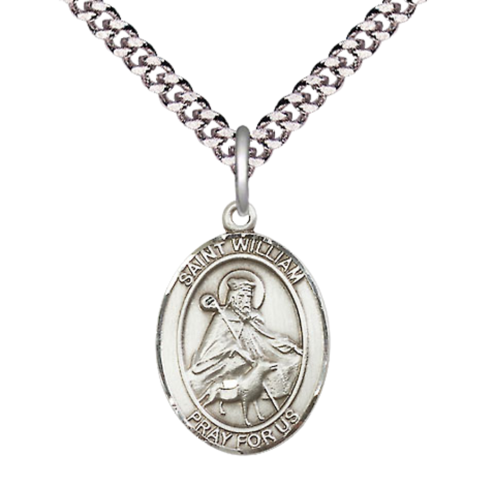 Medium Men's .925 Sterling Silver Saint William of Rochester Medal Pendant on 24 Inch Endless Rhodium Plated Heavy Curb Brass Chain, Catholic Religious Necklace - Made in USA - Deluxe Velvet Gift Box