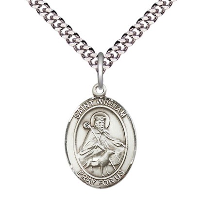 Medium Men's .925 Sterling Silver Saint William of Rochester Medal Pendant on 24 Inch Endless Rhodium Plated Heavy Curb Brass Chain, Catholic Religious Necklace - Made in USA - Deluxe Velvet Gift Box