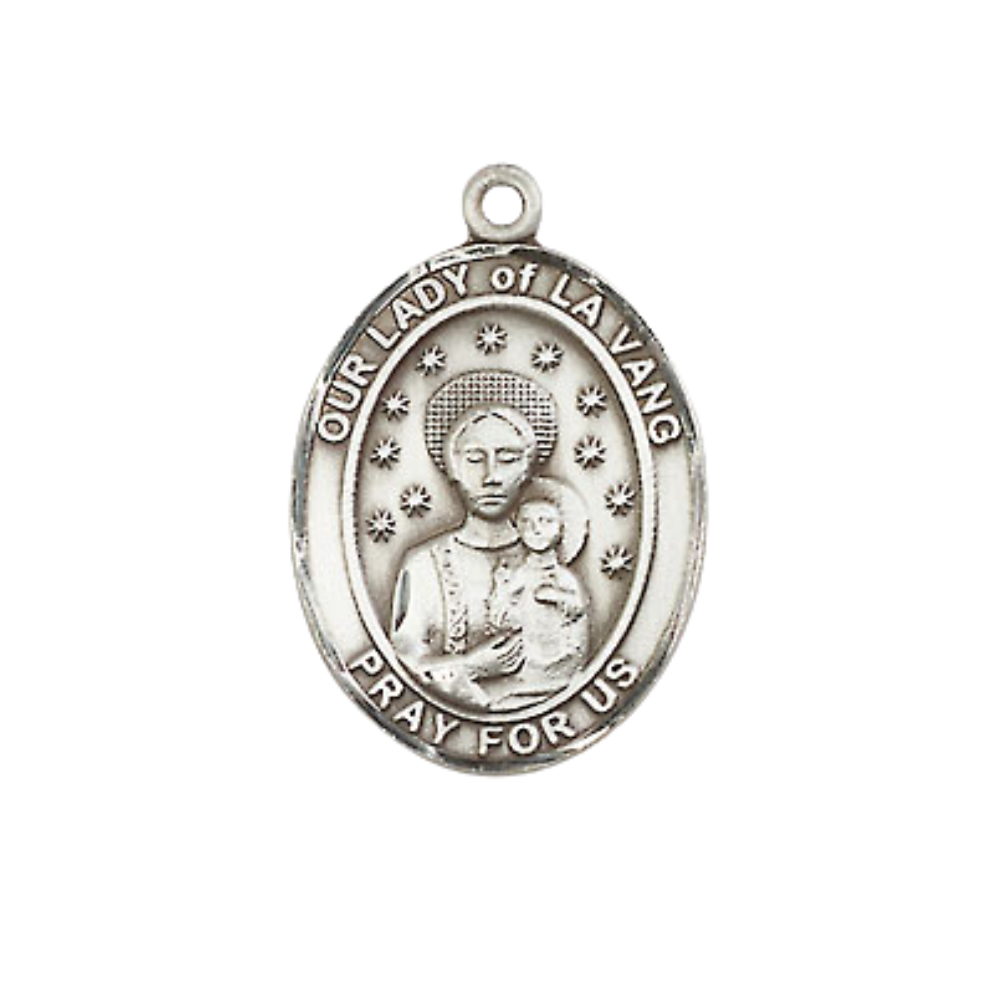.925 Sterling Silver Our Lady of la Vang Medal Pendant on 18 Inch Rhodium Plated Lite Curb Brass Chain with Lobster Claw Clasp, Catholic Religious Necklace - Made in USA- Prayer Card Included