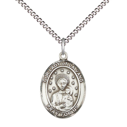 .925 Sterling Silver Our Lady of la Vang Medal Pendant on 18 Inch Rhodium Plated Lite Curb Brass Chain with Lobster Claw Clasp, Catholic Religious Necklace - Made in USA- Prayer Card Included