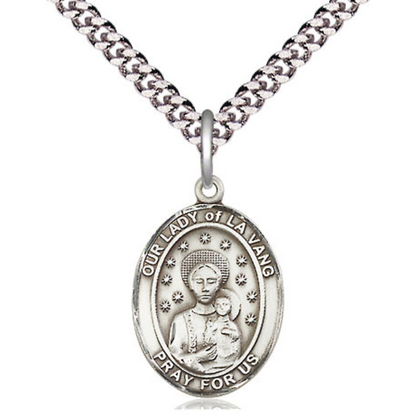Medium Mens Oval .925 Sterling Silver Our Lady of la Vang Medal Pendant on 24 Inch Rhodium Plated Heavy Curb Brass Chain w/ Lobster Claw Clasp, Catholic Religious Necklace - Made in USA- Velvet Gift Box