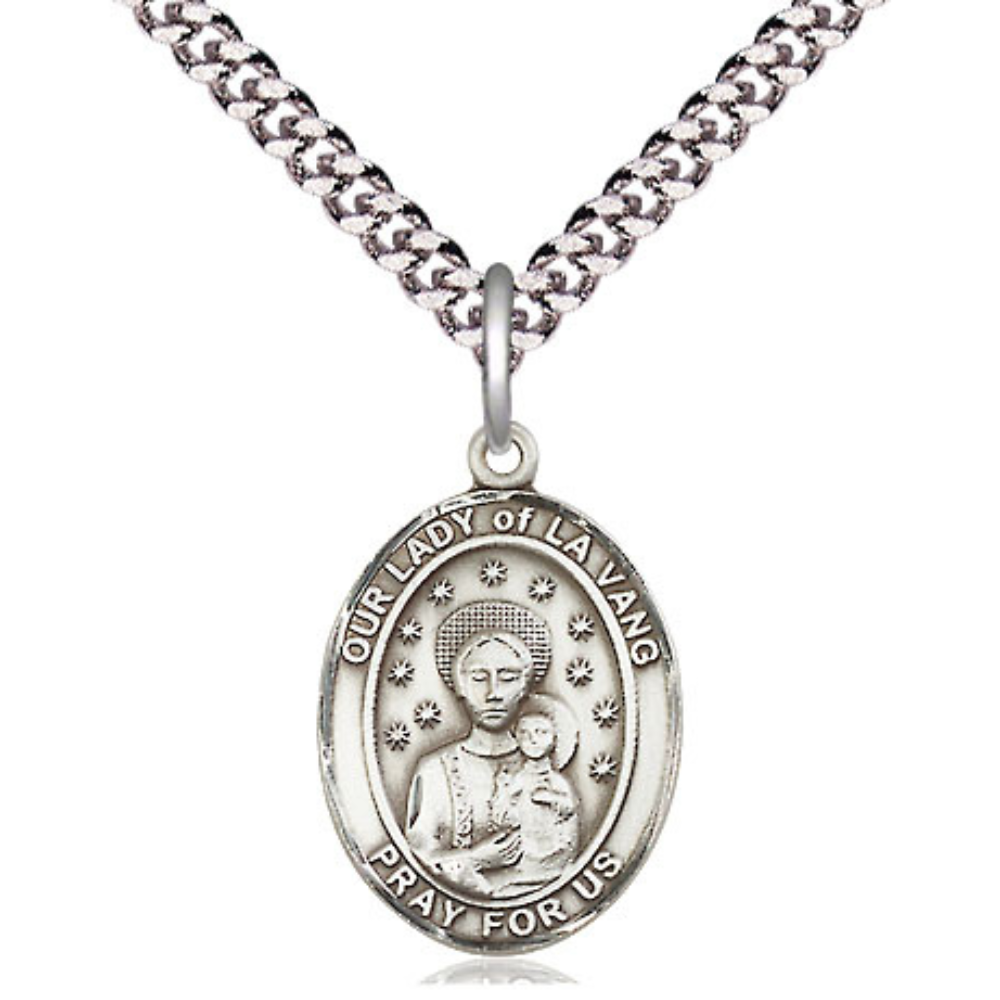 Everlasting Light Jewelry Medium Men's .925 Sterling Silver Our Lady of la Vang Medal Pendant with 24 Inch Rhodium Plated Heavy Curb Chain Catholic Religious Necklace - Made in USA, Deluxe Velvet Gift Box