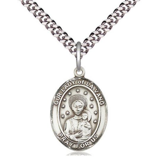 Everlasting Light Jewelry Medium Men's .925 Sterling Silver Our Lady of la Vang Medal Pendant with 24 Inch Rhodium Plated Heavy Curb Chain Catholic Religious Necklace - Made in USA, Deluxe Velvet Gift Box