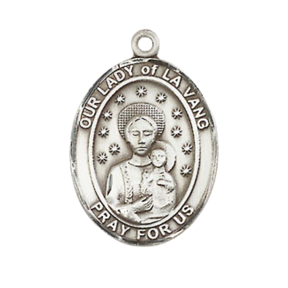 Medium Mens Oval .925 Sterling Silver Our Lady of la Vang Medal Pendant on 24 Inch Rhodium Plated Heavy Curb Brass Chain w/ Lobster Claw Clasp, Catholic Religious Necklace - Made in USA- Velvet Gift Box