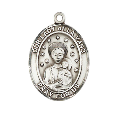 Everlasting Light Jewelry Medium Men's Pewter Our Lady of la Vang Medal Pendant with 24 Inch inchRhodium Plated Heavy Curb Chain Catholic Religious Necklace - Made in USA, Deluxe Velvet Gift Box