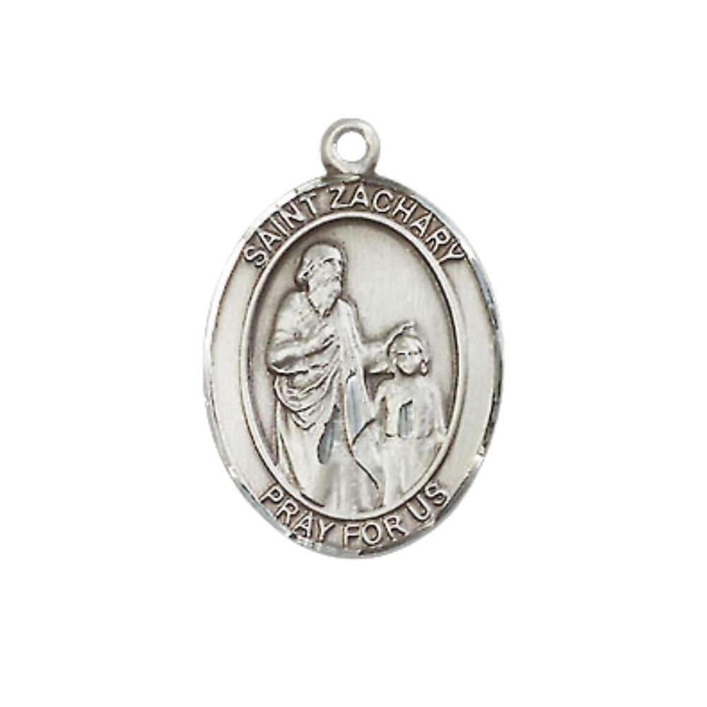 Everlasting Light Jewelry Medium Women's Pewter Saint St. Zachary Pendant Necklace on 18- inch Rhodium- Plated Lite Curb Brass Chain – Saint St. Zachary Medal, Catholic Medal – Velvet Gift Box Included