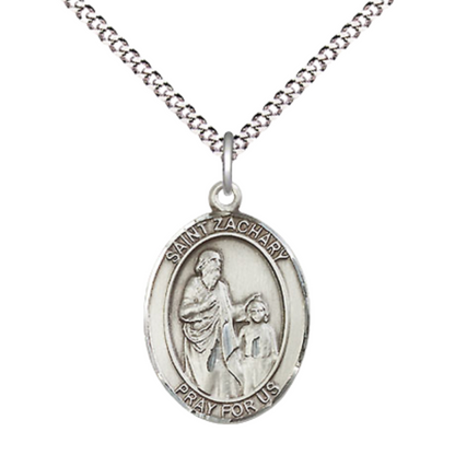Everlasting Light Jewelry Medium Women's Pewter Saint St. Zachary Pendant Necklace on 18- inch Rhodium- Plated Lite Curb Brass Chain – Saint St. Zachary Medal, Catholic Medal – Velvet Gift Box Included