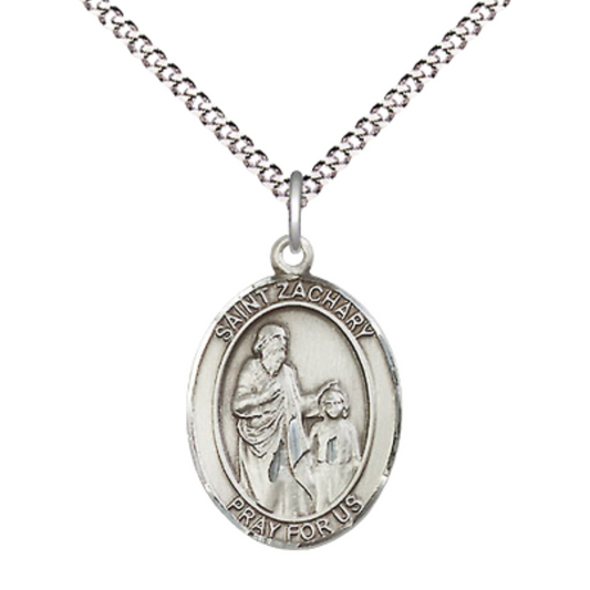 Everlasting Light Jewelry Medium Women's Pewter Saint St. Zachary Pendant Necklace on 18- inch Rhodium- Plated Lite Curb Brass Chain – Saint St. Zachary Medal, Catholic Medal – Velvet Gift Box Included