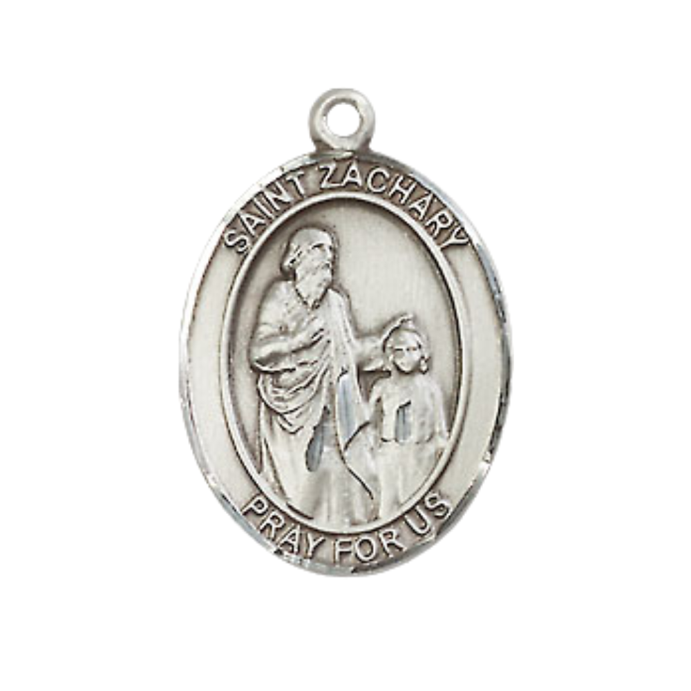 Mens Medium Oval .925 Sterling Silver Saint St. Zachary Medal Pendant on 24 Inch Rhodium Plated Heavy Curb Brass Chain w/ Lobster Claw Clasp, Catholic Religious Necklace - Made in USA- Velvet Gift Box