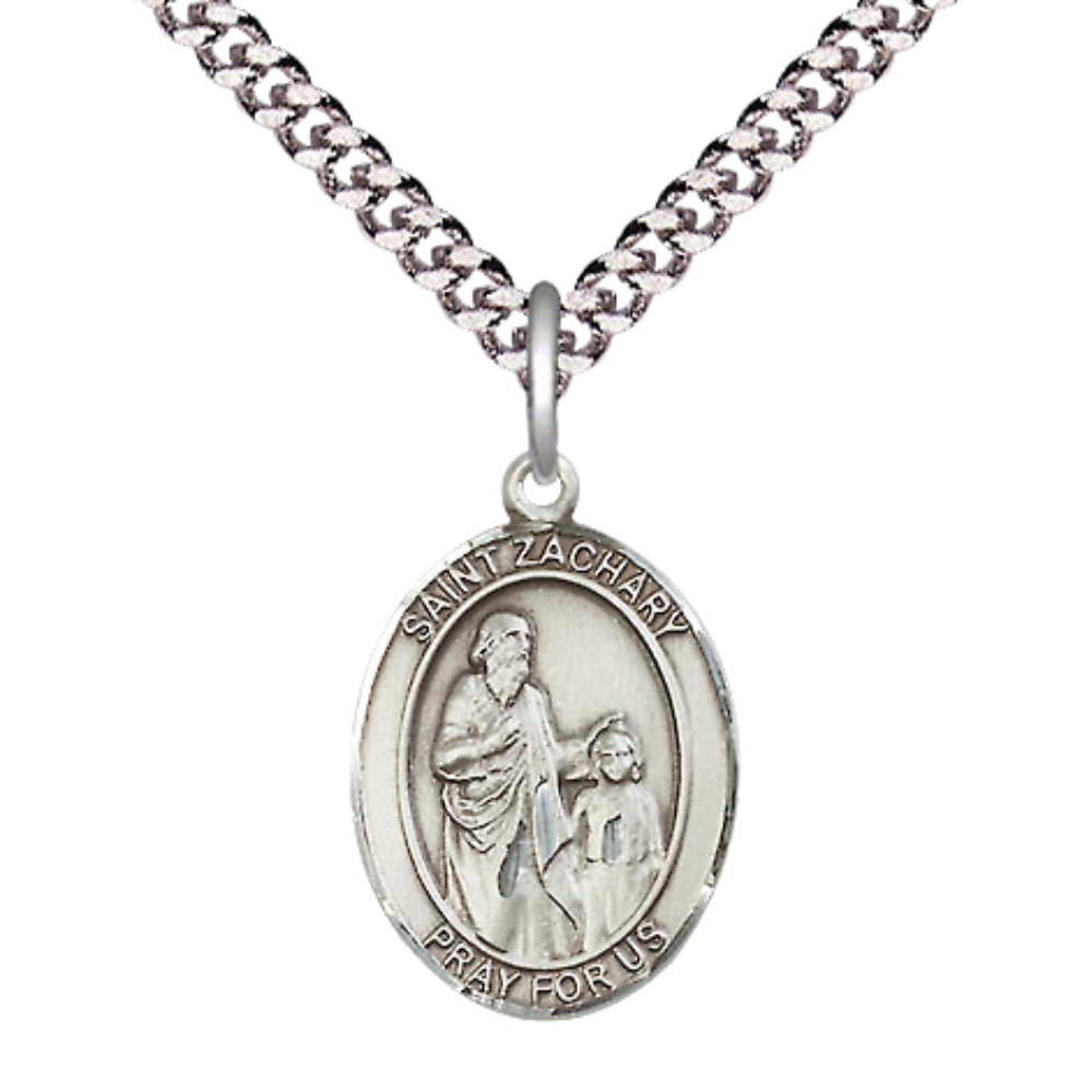 Mens Medium Oval .925 Sterling Silver Saint St. Zachary Medal Pendant on 24 Inch Rhodium Plated Heavy Curb Brass Chain w/ Lobster Claw Clasp, Catholic Religious Necklace - Made in USA- Velvet Gift Box