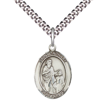 Everlasting Light Jewelry Medium Men's Pewter Saint St.Zachary Medal Pendant on 24 Inch Endless Rhodium Plated Heavy Curb Brass Chain, Catholic Religious Necklace -Made in USA- Deluxe Velvet Gift Box
