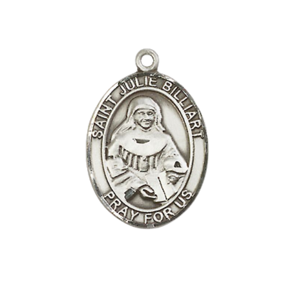 Everlasting Light Jewelry Medium Women's .925 Sterling Silver Saint St. Julie Billiart Pendant Necklace on 18 Inch Rhodium Plated Lite Curb Brass Chain – Patron Saint St. Against Poverty, Catholic Medal – Velvet Gift Box Included