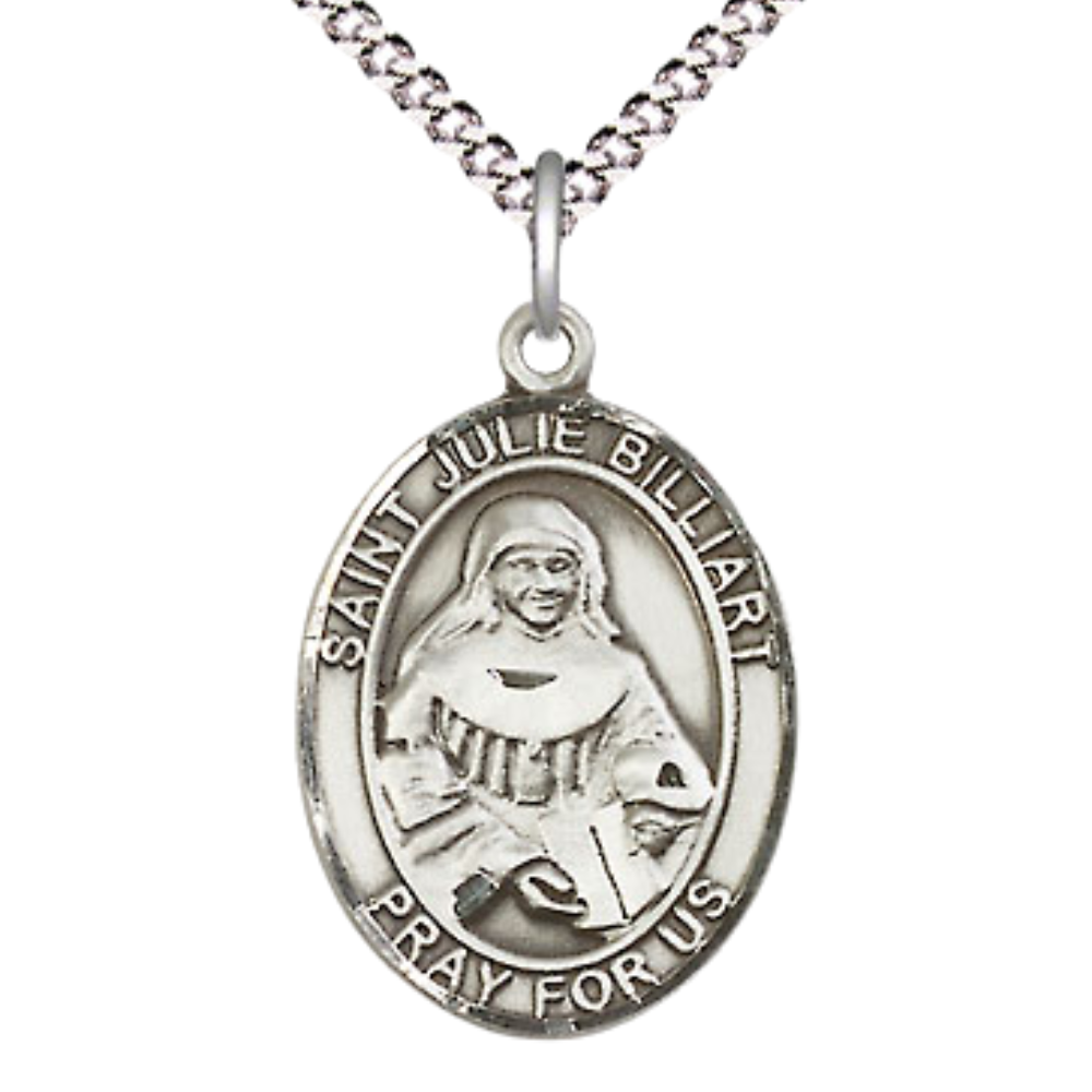 Everlasting Light Jewelry Medium Women's .925 Sterling Silver Saint St. Julie Billiart Pendant Necklace on 18 Inch Rhodium Plated Lite Curb Brass Chain – Patron Saint St. Against Poverty, Catholic Medal – Velvet Gift Box Included