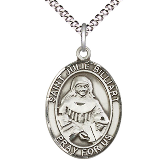 Everlasting Light Jewelry Medium Women's Pewter Saint St. Julie Billiart Pendant Necklace on 18- inch Rhodium- Plated Lite Curb Brass Chain – Saint St. Julie Billiart Medal, Catholic Medal – Velvet Gift Box Included