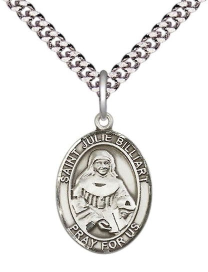 Medium Mens Oval .925 Sterling Silver Saint St. Julie Billiart Medal Pendant on 24 Inch Rhodium Plated Heavy Curb Brass Chain w/ Lobster Claw Clasp, Catholic Religious Necklace - Made in USA- Velvet Gift Box