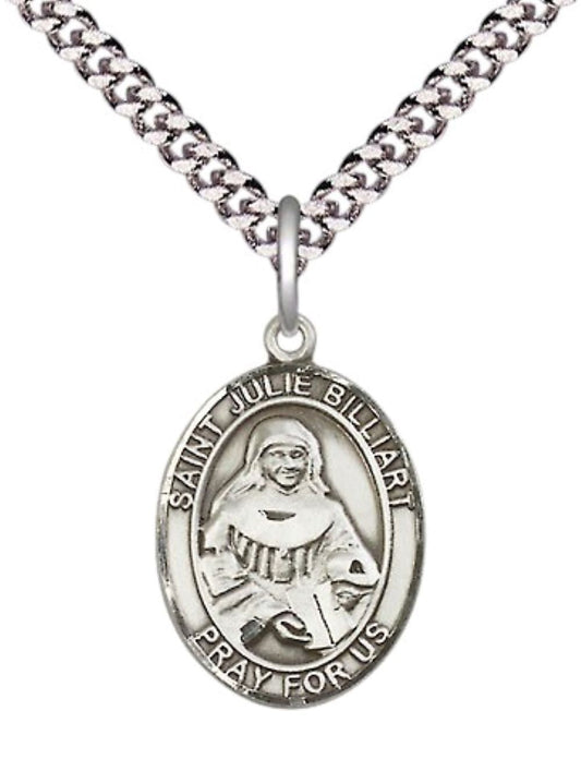 Medium Mens Oval .925 Sterling Silver Saint St. Julie Billiart Medal Pendant on 24 Inch Rhodium Plated Heavy Curb Brass Chain w/ Lobster Claw Clasp, Catholic Religious Necklace - Made in USA- Velvet Gift Box