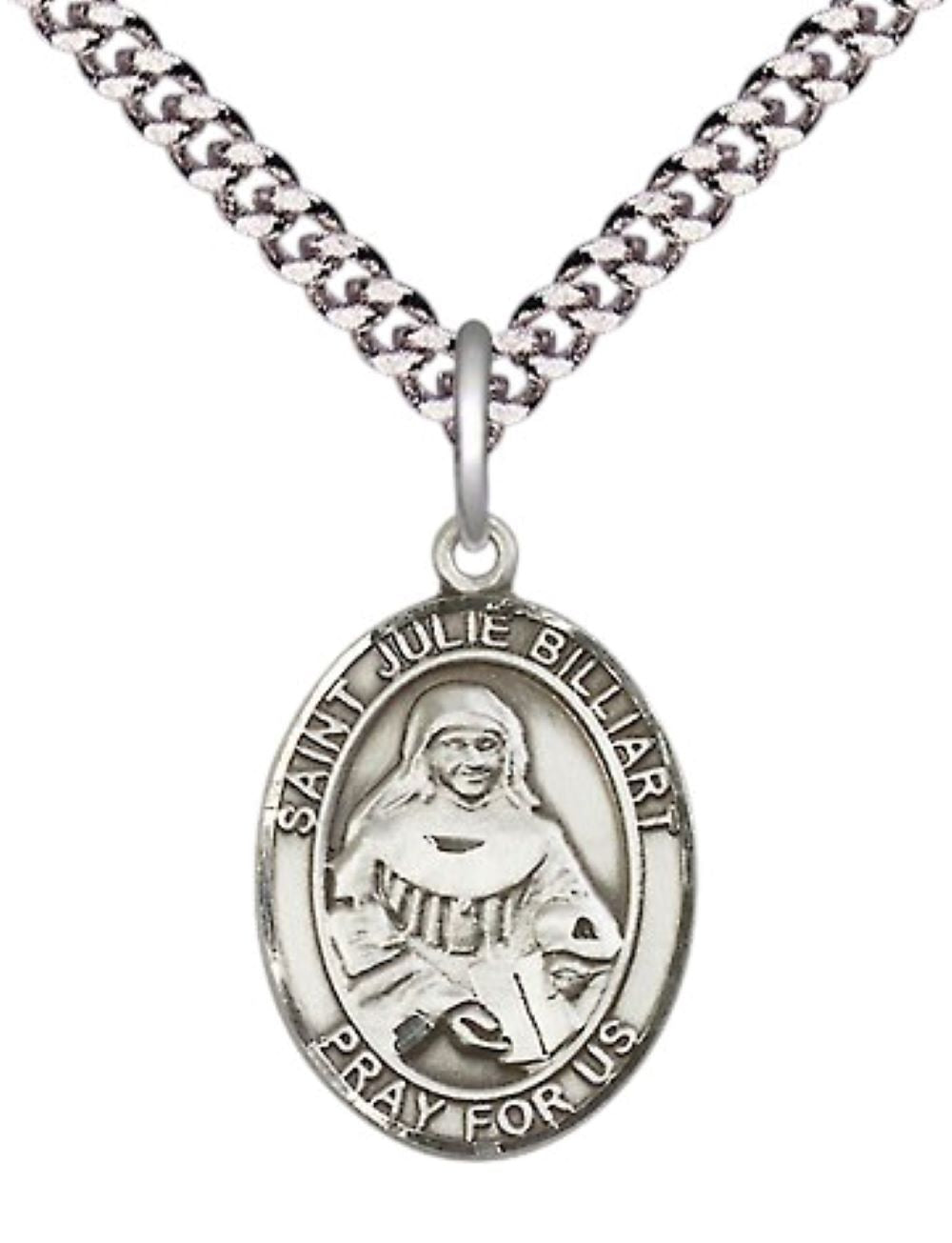 Mens Medium Oval Pewter Saint St. Julie Billiart Medal Pendant on 24 Inch Rhodium Plated Heavy Curb Brass Chain w/ Lobster Claw Clasp, Catholic Religious Necklace - Made in USA- Velvet Gift Box