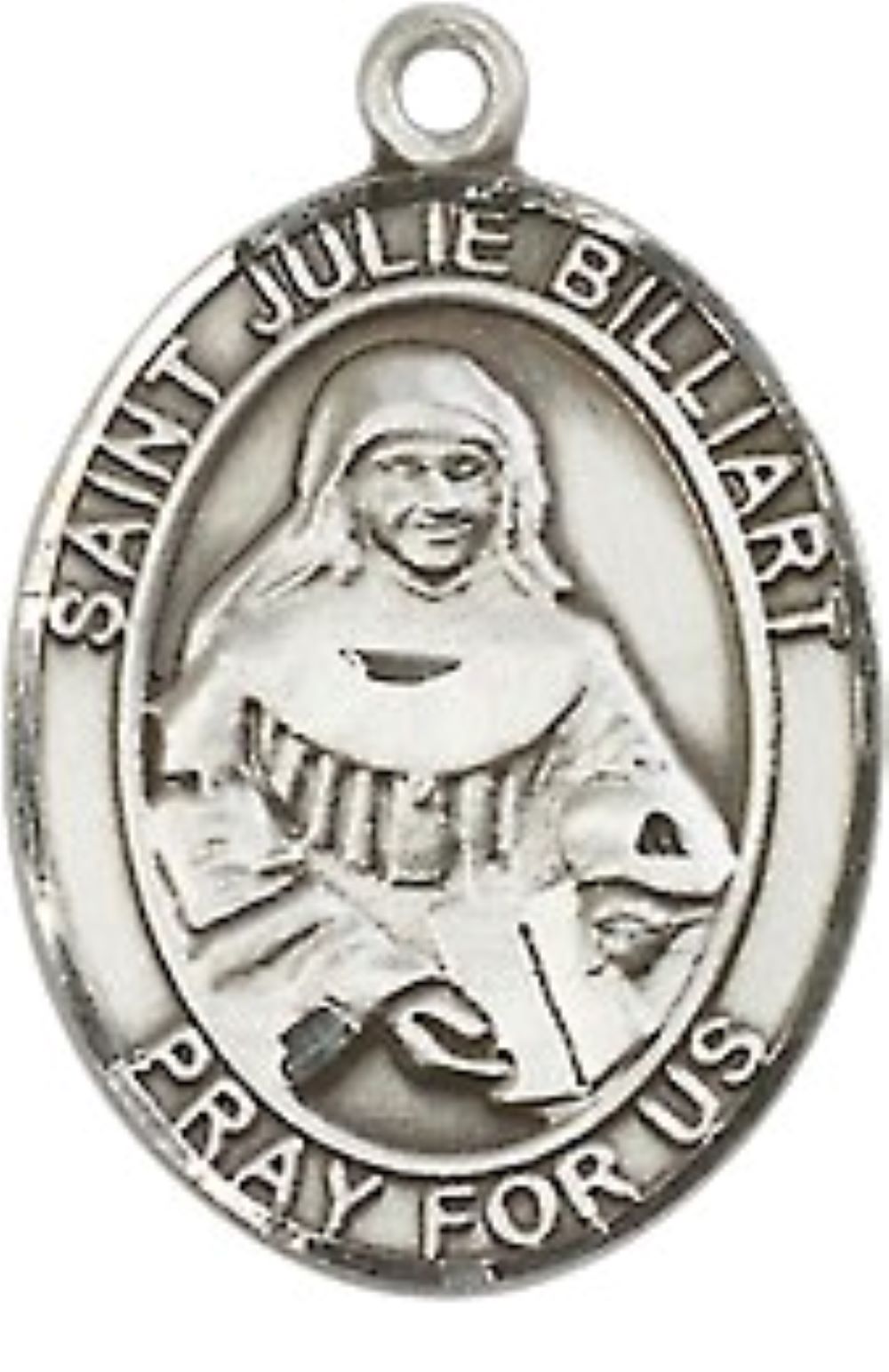 Mens Medium Oval Pewter Saint St. Julie Billiart Medal Pendant on 24 Inch Rhodium Plated Heavy Curb Brass Chain w/ Lobster Claw Clasp, Catholic Religious Necklace - Made in USA- Velvet Gift Box