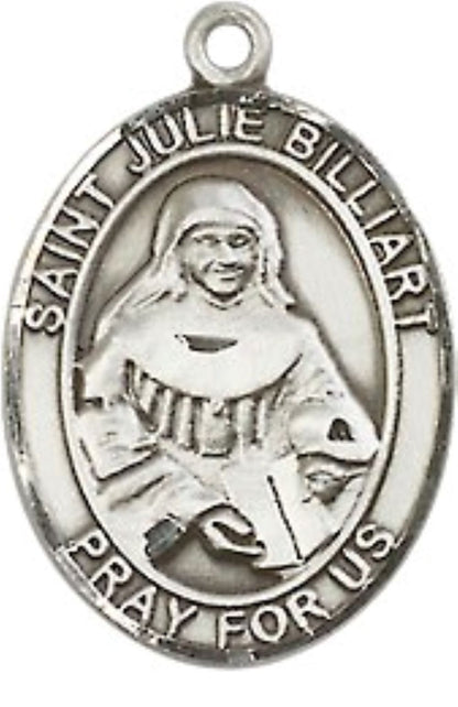 Mens Medium Oval Pewter Saint St. Julie Billiart Medal Pendant on 24 Inch Rhodium Plated Heavy Curb Brass Chain w/ Lobster Claw Clasp, Catholic Religious Necklace - Made in USA- Velvet Gift Box
