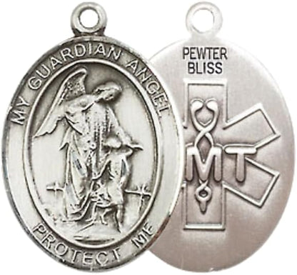 Everlasting Light Jewelry Medium Women's Pewter Guardian Angel EMT Pendant Necklace on 18- inch Rhodium- Plated Lite Curb Brass Chain – EMT Guardian Angel Medal, Catholic Medal – Velvet Gift Box Included