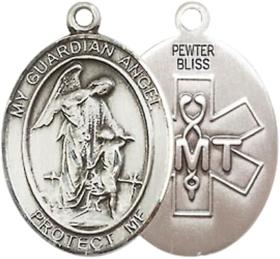 Everlasting Light Jewelry Medium Women's Pewter Guardian Angel EMT Pendant Necklace on 18- inch Rhodium- Plated Lite Curb Brass Chain – EMT Guardian Angel Medal, Catholic Medal – Velvet Gift Box Included