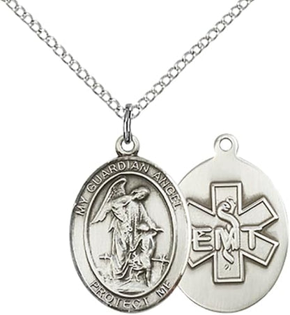 Everlasting Light Jewelry Medium Women's Pewter Guardian Angel EMT Pendant Necklace on 18- inch Rhodium- Plated Lite Curb Brass Chain – EMT Guardian Angel Medal, Catholic Medal – Velvet Gift Box Included