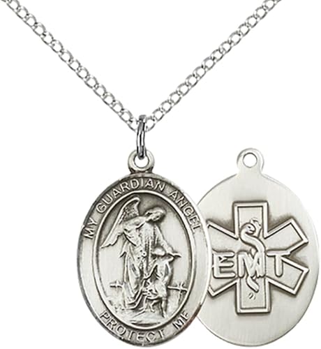 Everlasting Light Jewelry Medium Women's Pewter Guardian Angel EMT Pendant Necklace on 18- inch Rhodium- Plated Lite Curb Brass Chain – EMT Guardian Angel Medal, Catholic Medal – Velvet Gift Box Included