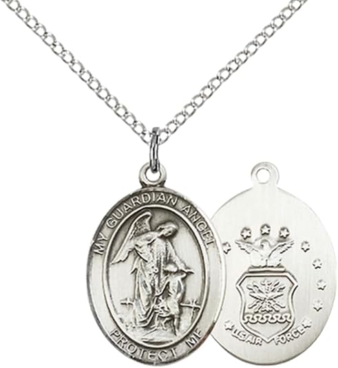 Everlasting Light Jewelry Medium Women's Pewter Guardian Angel Air Force Pendant Necklace on 18- inch Rhodium- Plated Lite Curb Brass Chain – Air Force Guardian Angel Medal, Catholic Medal – Velvet Gift Box Included