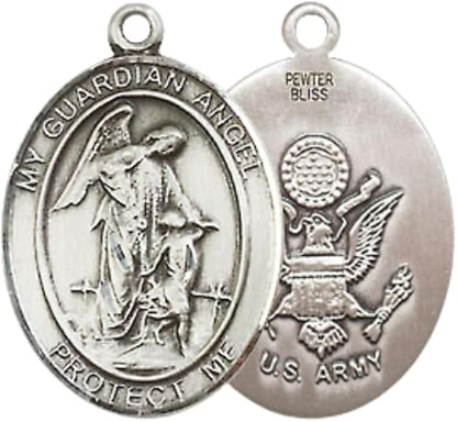 Everlasting Light Jewelry Medium Women's Pewter Guardian Angel Army Pendant Necklace on 18- inch Rhodium- Plated Lite Curb Brass Chain – Army Guardian Angel Medal, Catholic Medal – Velvet Gift Box Included