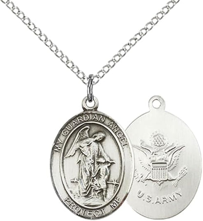 Everlasting Light Jewelry Medium Women's Pewter Guardian Angel Army Pendant Necklace on 18- inch Rhodium- Plated Lite Curb Brass Chain – Army Guardian Angel Medal, Catholic Medal – Velvet Gift Box Included