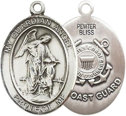 Everlasting Light Jewelry Medium Women's Pewter Guardian Angel Coast Guard Pendant Necklace on 18- inch Rhodium- Plated Lite Curb Brass Chain – Coast Guard Guardian Angel Medal, Catholic Medal – Velvet Gift Box Included