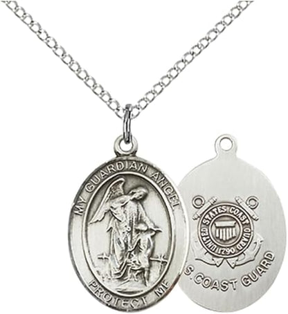 Everlasting Light Jewelry Medium Women's Pewter Guardian Angel Coast Guard Pendant Necklace on 18- inch Rhodium- Plated Lite Curb Brass Chain – Coast Guard Guardian Angel Medal, Catholic Medal – Velvet Gift Box Included