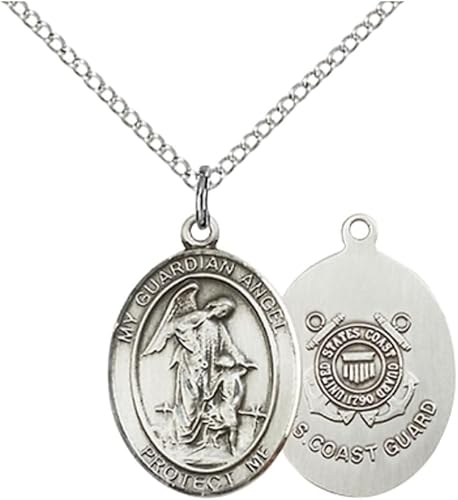 Everlasting Light Jewelry Medium Women's Pewter Guardian Angel Coast Guard Pendant Necklace on 18- inch Rhodium- Plated Lite Curb Brass Chain – Coast Guard Guardian Angel Medal, Catholic Medal – Velvet Gift Box Included