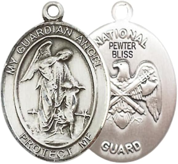 Medium Women's Pewter Guardian Angel National Guard Pendant Necklace on 18- inch Rhodium- Plated Lite Curb Brass Chain – National Guard Guardian Angel Medal, Catholic Medal – Velvet Gift Box Included