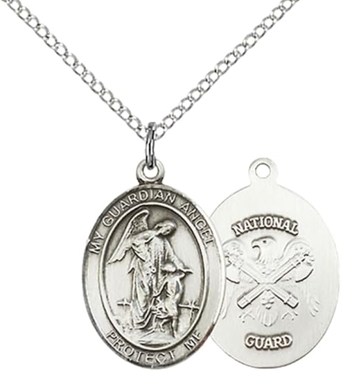 Medium Women's Pewter Guardian Angel National Guard Pendant Necklace on 18- inch Rhodium- Plated Lite Curb Brass Chain – National Guard Guardian Angel Medal, Catholic Medal – Velvet Gift Box Included