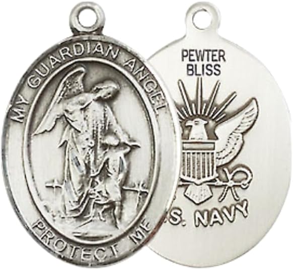 Everlasting Light Jewelry Medium Women's Pewter Guardian Angel Navy Pendant Necklace on 18- inch Rhodium- Plated Lite Curb Brass Chain – Navy Guardian Angel Medal, Catholic Medal – Velvet Gift Box Included