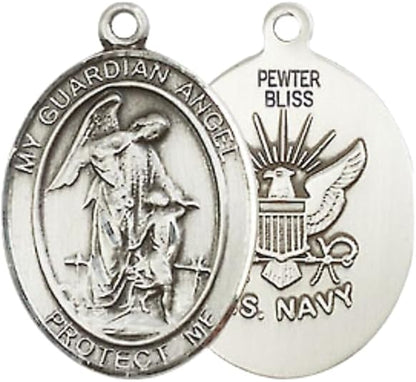 Everlasting Light Jewelry Medium Women's Pewter Guardian Angel Navy Pendant Necklace on 18- inch Rhodium- Plated Lite Curb Brass Chain – Navy Guardian Angel Medal, Catholic Medal – Velvet Gift Box Included