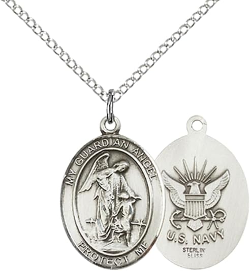 Everlasting Light Jewelry Medium Women's Pewter Guardian Angel Navy Pendant Necklace on 18- inch Rhodium- Plated Lite Curb Brass Chain – Navy Guardian Angel Medal, Catholic Medal – Velvet Gift Box Included