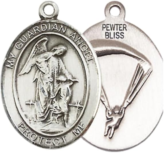 Everlasting Light Jewelry Medium Women's Pewter Guardian Angel Paratrooper Pendant Necklace on 18- inch Rhodium- Plated Lite Curb Brass Chain – Paratrooper Guardian Angel Medal, Catholic Medal – Velvet Gift Box Included