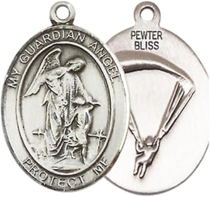 Everlasting Light Jewelry Medium Women's Pewter Guardian Angel Paratrooper Pendant Necklace on 18- inch Rhodium- Plated Lite Curb Brass Chain – Paratrooper Guardian Angel Medal, Catholic Medal – Velvet Gift Box Included