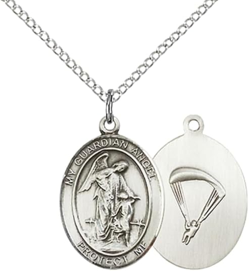 Everlasting Light Jewelry Medium Women's Pewter Guardian Angel Paratrooper Pendant Necklace on 18- inch Rhodium- Plated Lite Curb Brass Chain – Paratrooper Guardian Angel Medal, Catholic Medal – Velvet Gift Box Included