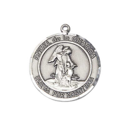 Medium Women's .925 Sterling Silver Angel de la Guarda Pendant Necklace – ¾” x ?” Medal on 18 Inch Rhodium- Plated Lite Curb Brass Chain with Lobster Claw Clasp – Symbol of Protection & Guidance, Catholic Medal – Velvet Gift Box