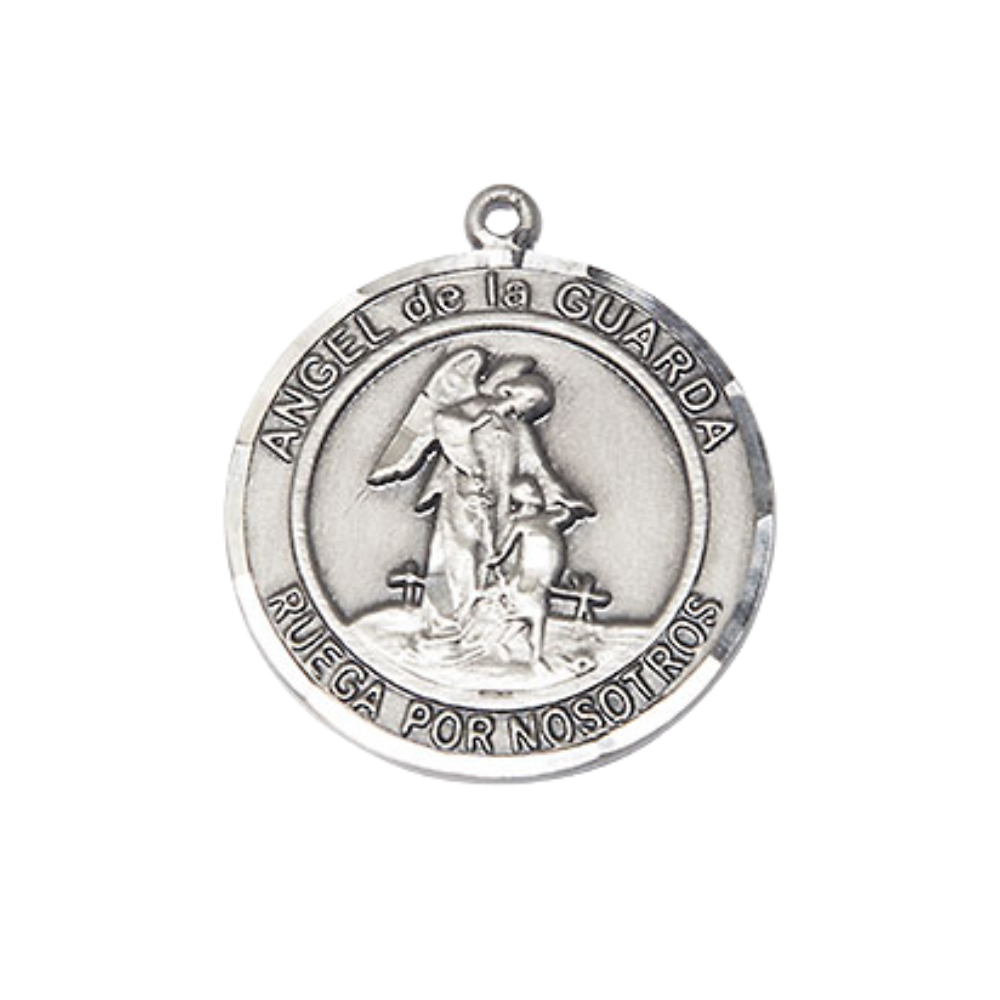Spanish Script Women's Pewter Angel de la Guarda Medal Pendant on 18 Inch Rhodium Plated Lite Curb Brass Chain, Catholic Religious Necklace with Lobster Claw Clasp - Made in USA, Deluxe Velvet Gift Box