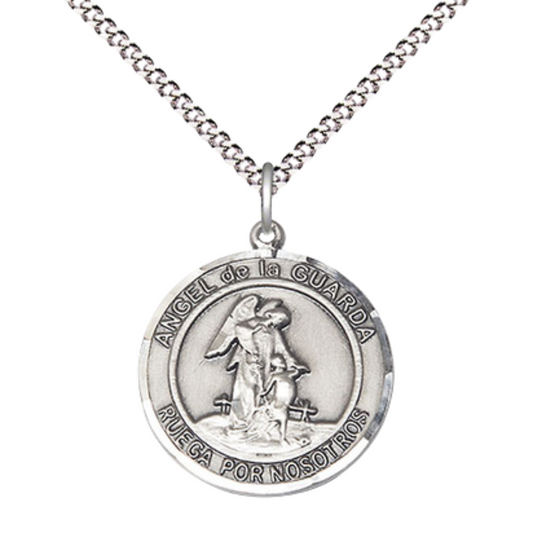 Spanish Script Women's Pewter Angel de la Guarda Medal Pendant on 18 Inch Rhodium Plated Lite Curb Brass Chain, Catholic Religious Necklace with Lobster Claw Clasp - Made in USA, Deluxe Velvet Gift Box