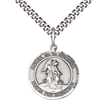 Everlasting Light Jewelry Spanish Script Men's Pewter Angel de la Guarda Medal Pendant on 24 Inch Endless Rhodium Plated Heavy Curb Chain,Catholic Religious Necklace -Made in USA, in Deluxe Velvet Gift Box