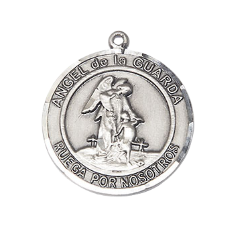 Spanish Script Men's .925 Sterling Silver Angel de la Guarda Medal Pendant on 24 Inch Endless Rhodium Plated Heavy Curb Chain, Catholic Religious Necklace - Made in USA, Deluxe Velvet Gift Box